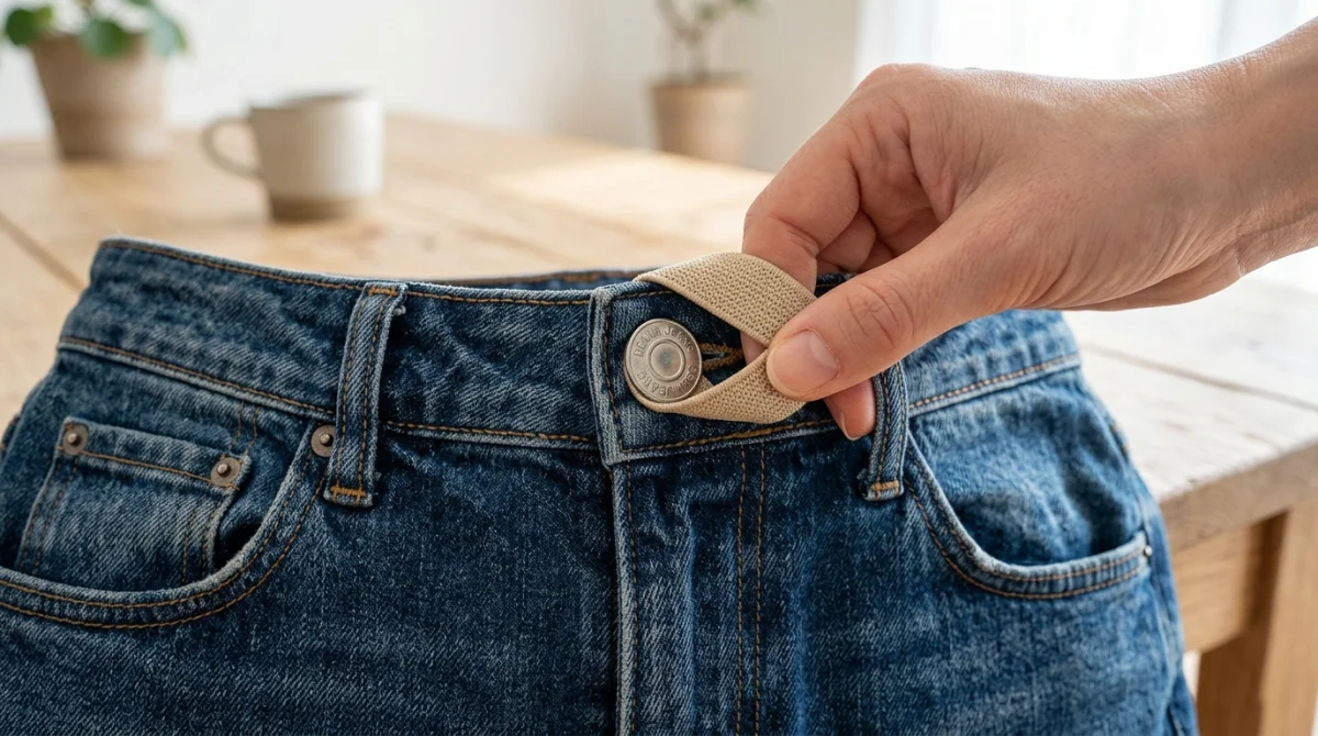 Main tenant un élastique autour du bouton d'un jean pour agrandir un pantalon à la taille sans couture.