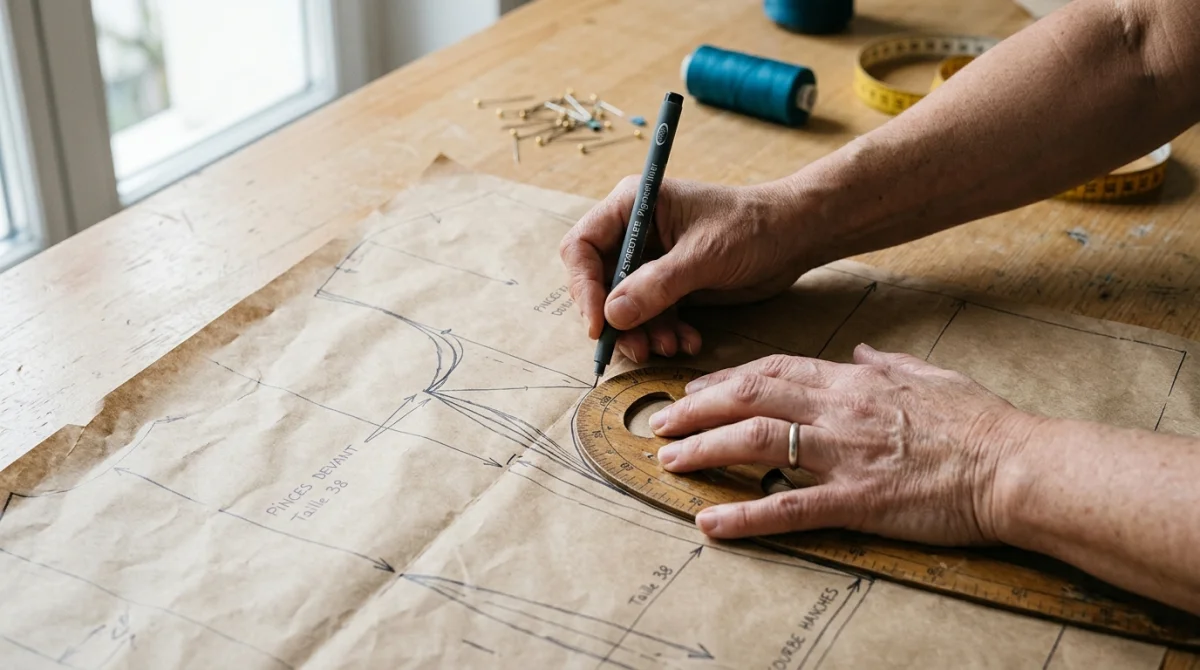 Mains traçant des courbes précises sur un patron en papier kraft pour apprendre comment faire un patron de couture.