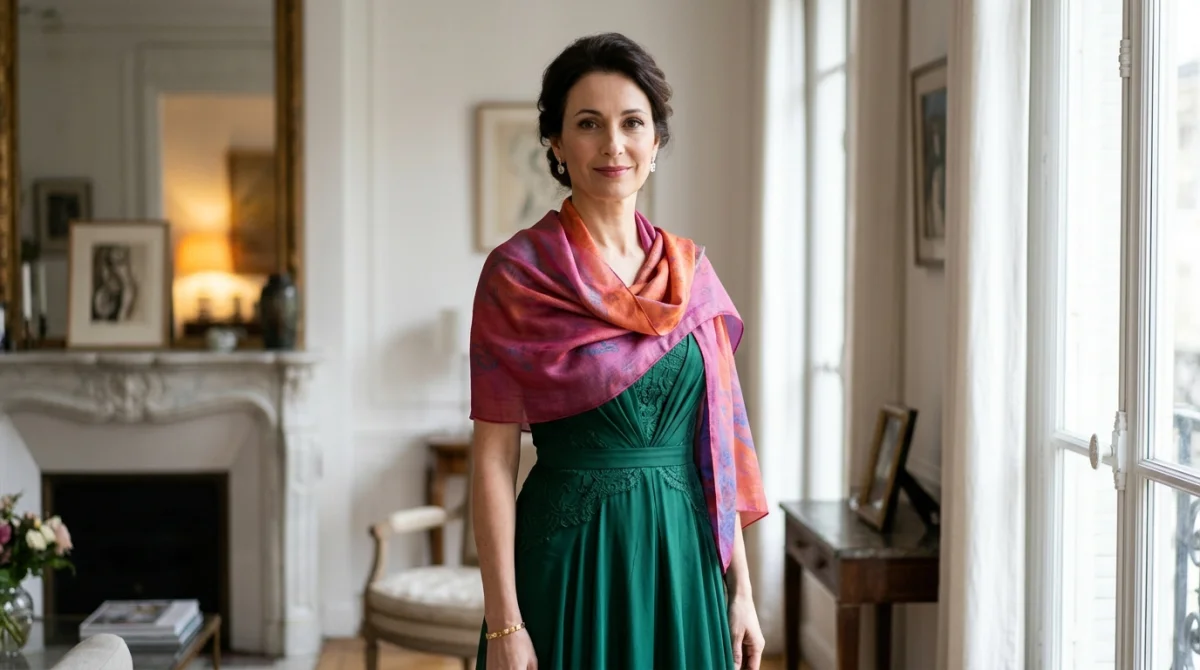 Femme élégante portant une étole en soie drapée sur ses épaules pour sublimer une robe de soirée.
