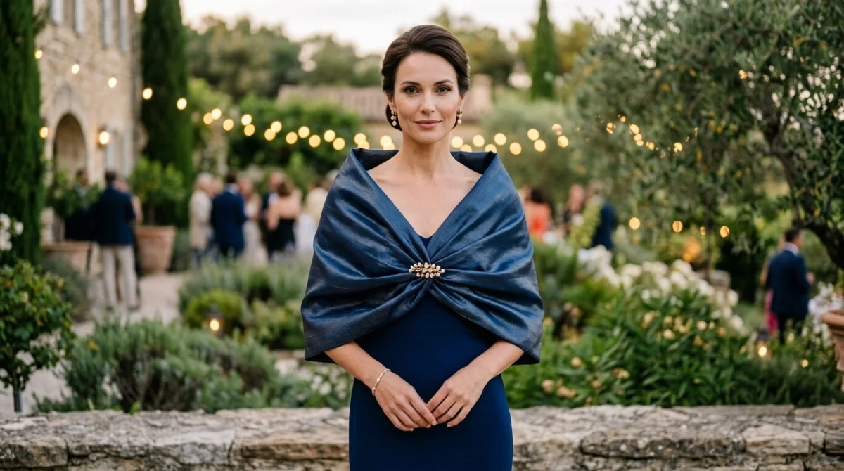 Femme élégante portant une étole en soie drapée sur une robe de soirée bleue lors d'une réception chic.