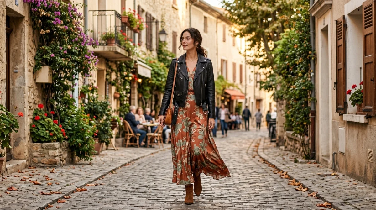 Femme élégante portant un perfecto en cuir noir sur une robe longue fluide dans une rue européenne.