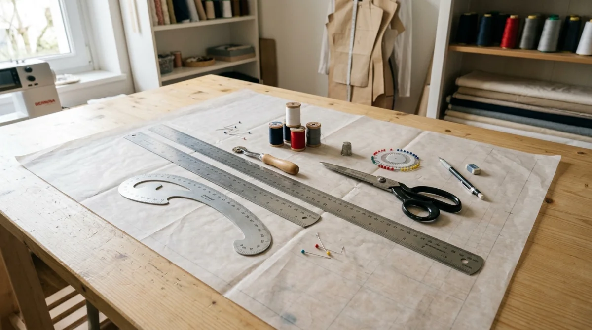 Outils professionnels pour apprendre comment faire un patron de couture sur une table en bois clair.