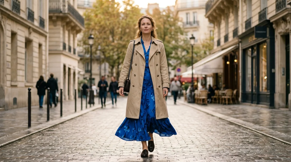 Femme élégante portant un trench-coat beige sur une robe longue fluide, idée de tenue pour quel manteau avec une robe longue.