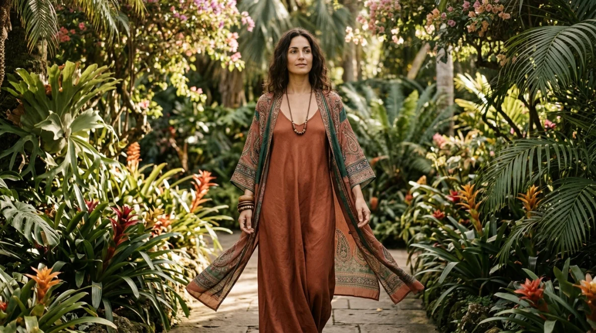 Femme élégante en robe longue fluide et kimono à motifs ethniques dans un jardin botanique ensoleillé.