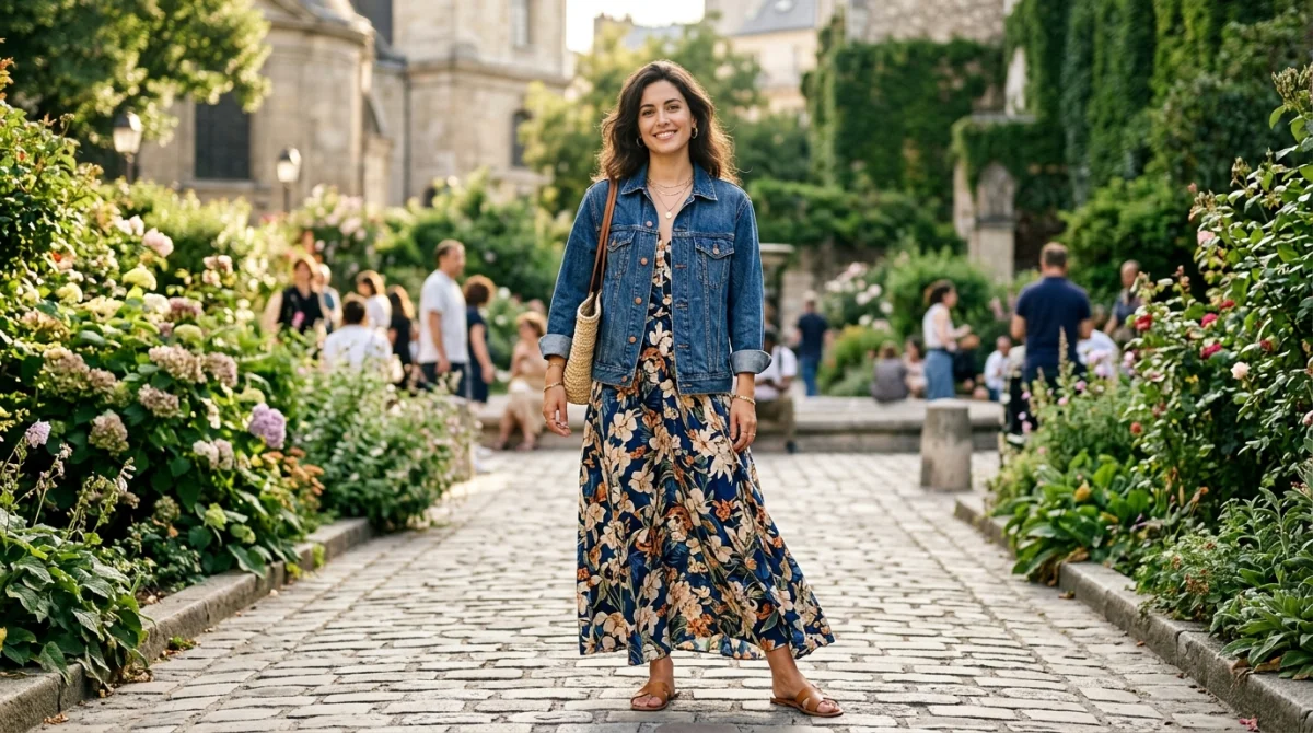 Femme élégante portant une robe longue fluide avec une veste en jean dans un jardin urbain ensoleillé.