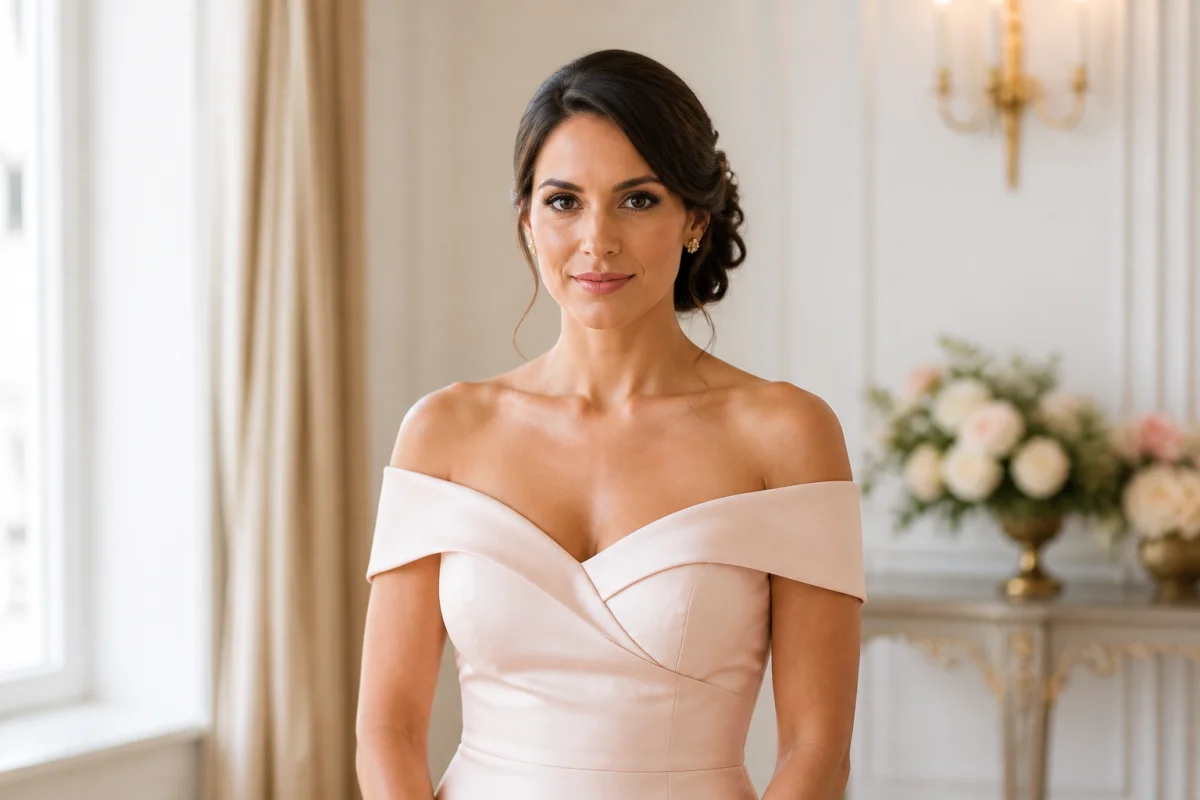 Femme en chignon élégant torsadé et robe de cérémonie structurée, idéale pour choisir sa coiffure de cérémonie