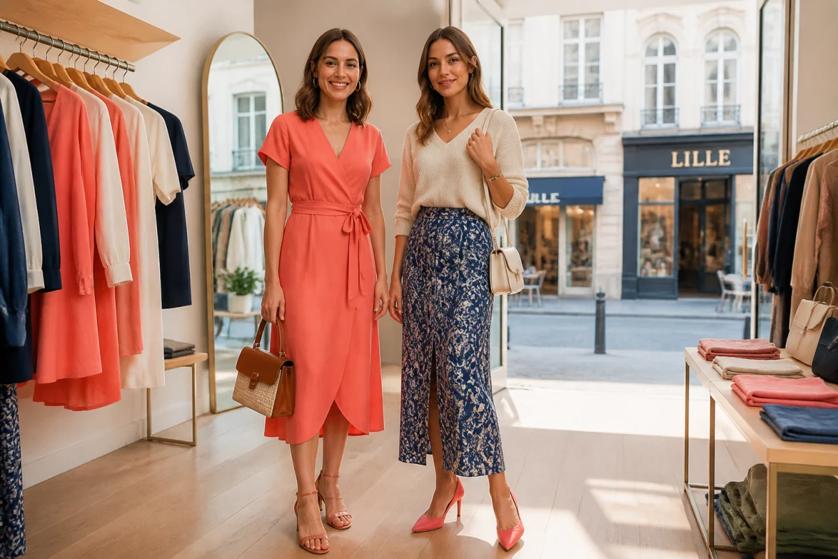 Deux femmes présentent des tenues féminines tendance dans la boutique Stella Clea à Lille.